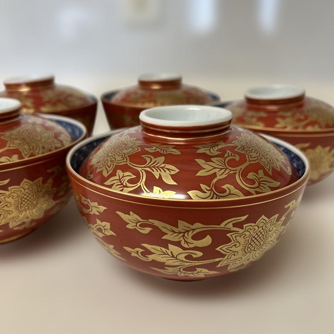 清水焼き　蓋つき煮物椀 5個セット 赤金