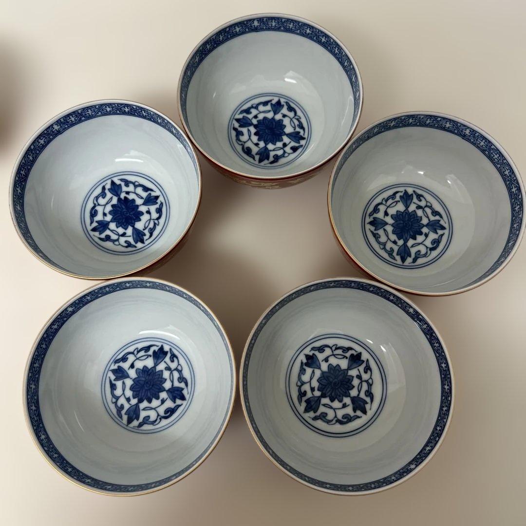清水焼き　蓋つき煮物椀 5個セット 赤金