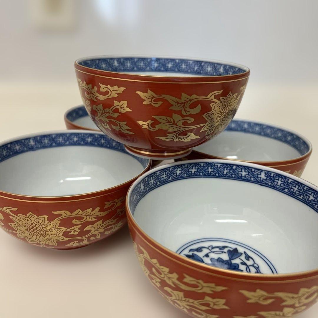 清水焼き　蓋つき煮物椀 5個セット 赤金