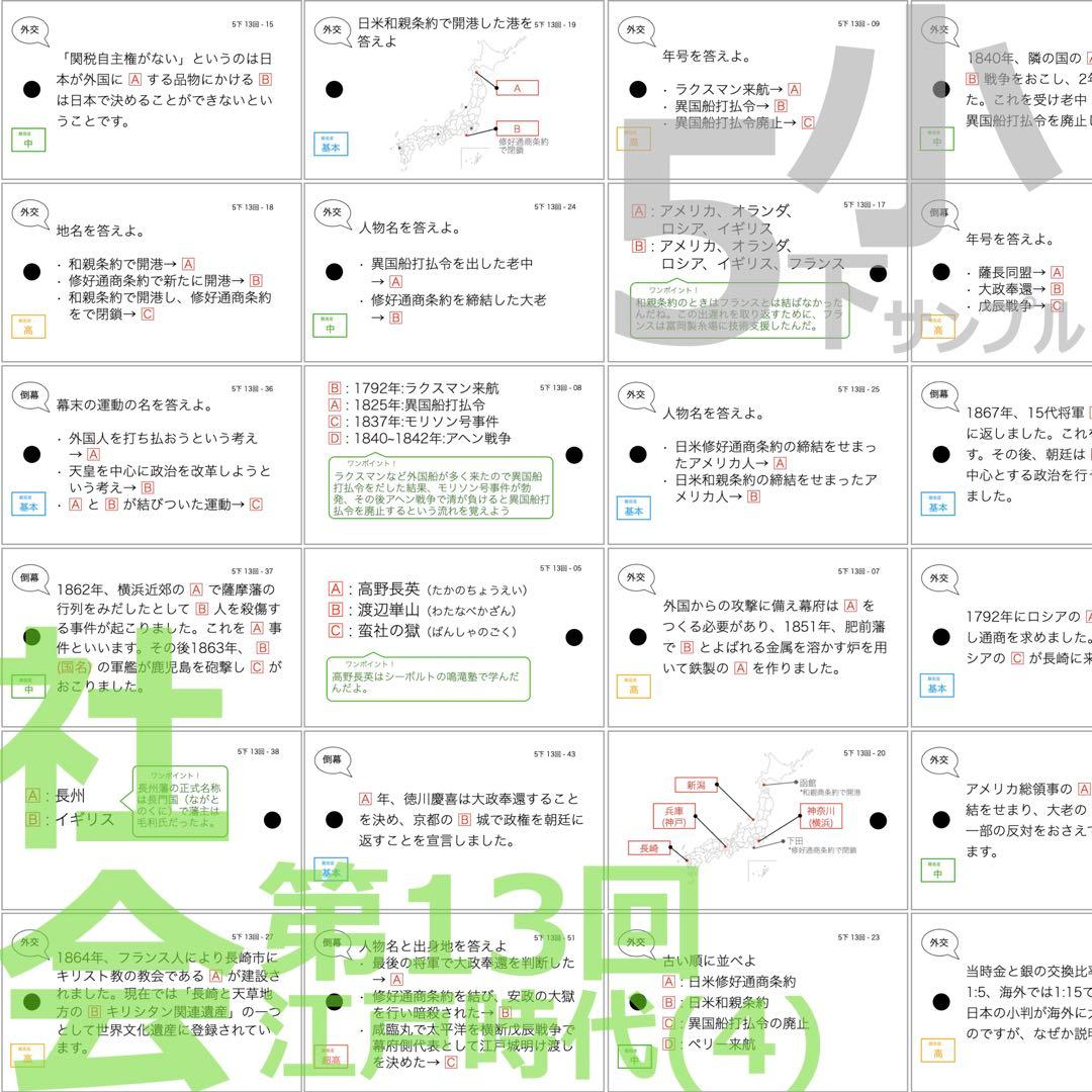 中学受験【5年下 社会 歴史 1-18回 全セット】 暗記カード 予シリ 組分け