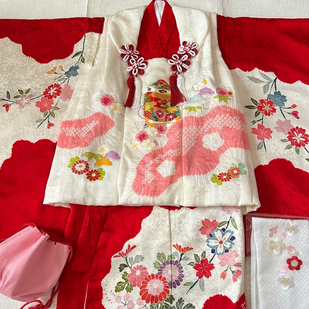 七五三 3歳 着物 753 絹 被布 ピンク 絞り 三歳 赤 刺繍 巾着