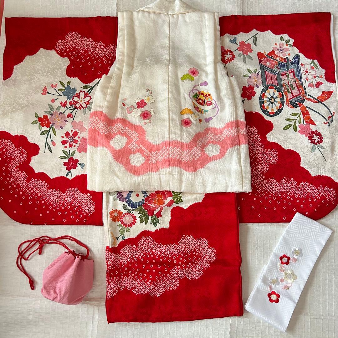 七五三 3歳 着物 753 絹 被布 ピンク 絞り 三歳 赤 刺繍 巾着