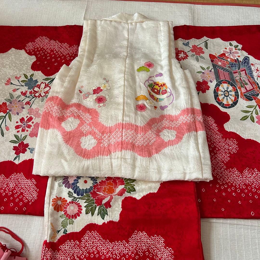 七五三 3歳 着物 753 絹 被布 ピンク 絞り 三歳 赤 刺繍 巾着