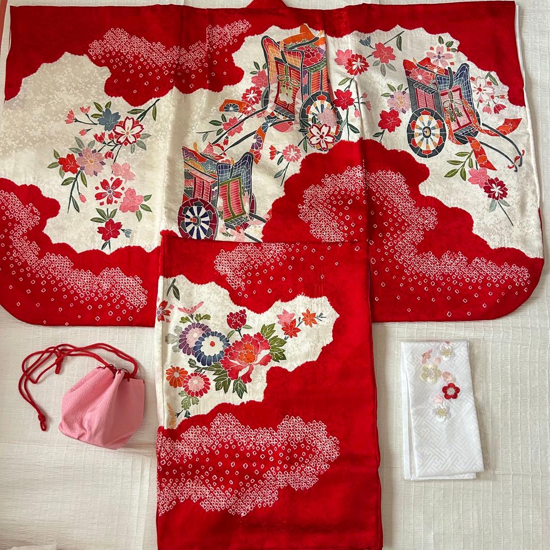 七五三 3歳 着物 753 絹 被布 ピンク 絞り 三歳 赤 刺繍 巾着