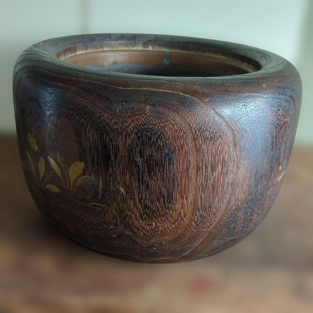 骨董　火鉢　蒔絵　螺鈿　大振り　内側銅器　花入　鉢カバー