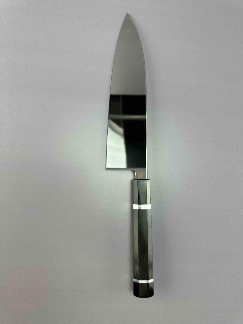 5664 出刃包丁 8寸 刺身包丁 ウルトラ鏡面仕上げ 黒檀水牛角二本銀巻八角柄