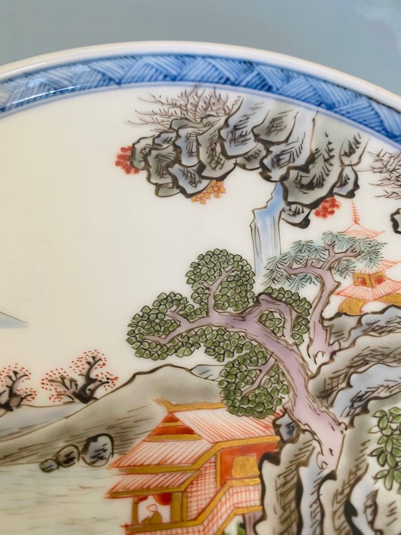 古伊万里　染錦楼閣山水文六寸皿2枚セット