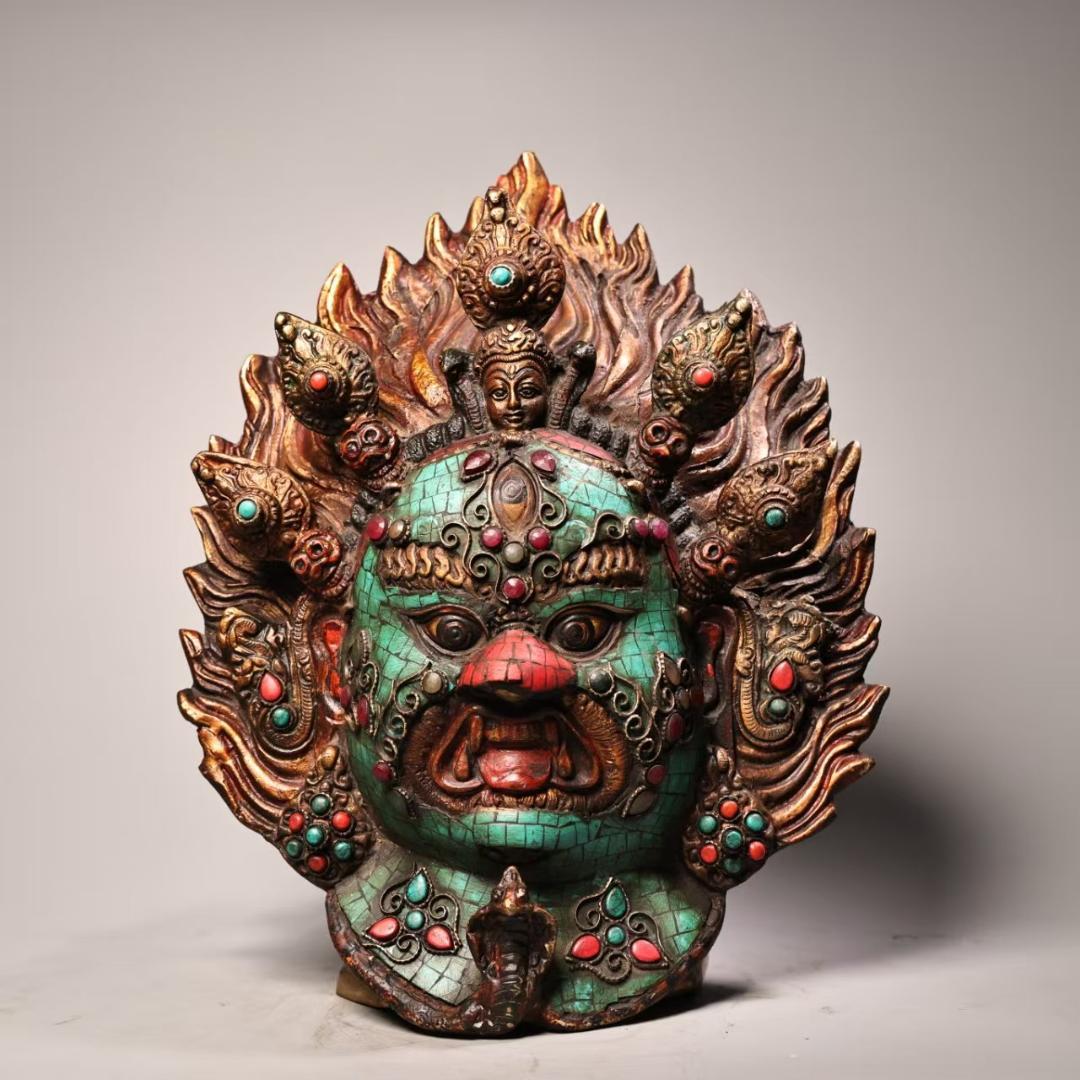 中国古美術『西蔵寺院旧蔵 マハーカーラ面具』純銅製 鍍金彩絵 高浮彫鏨刻 極細工