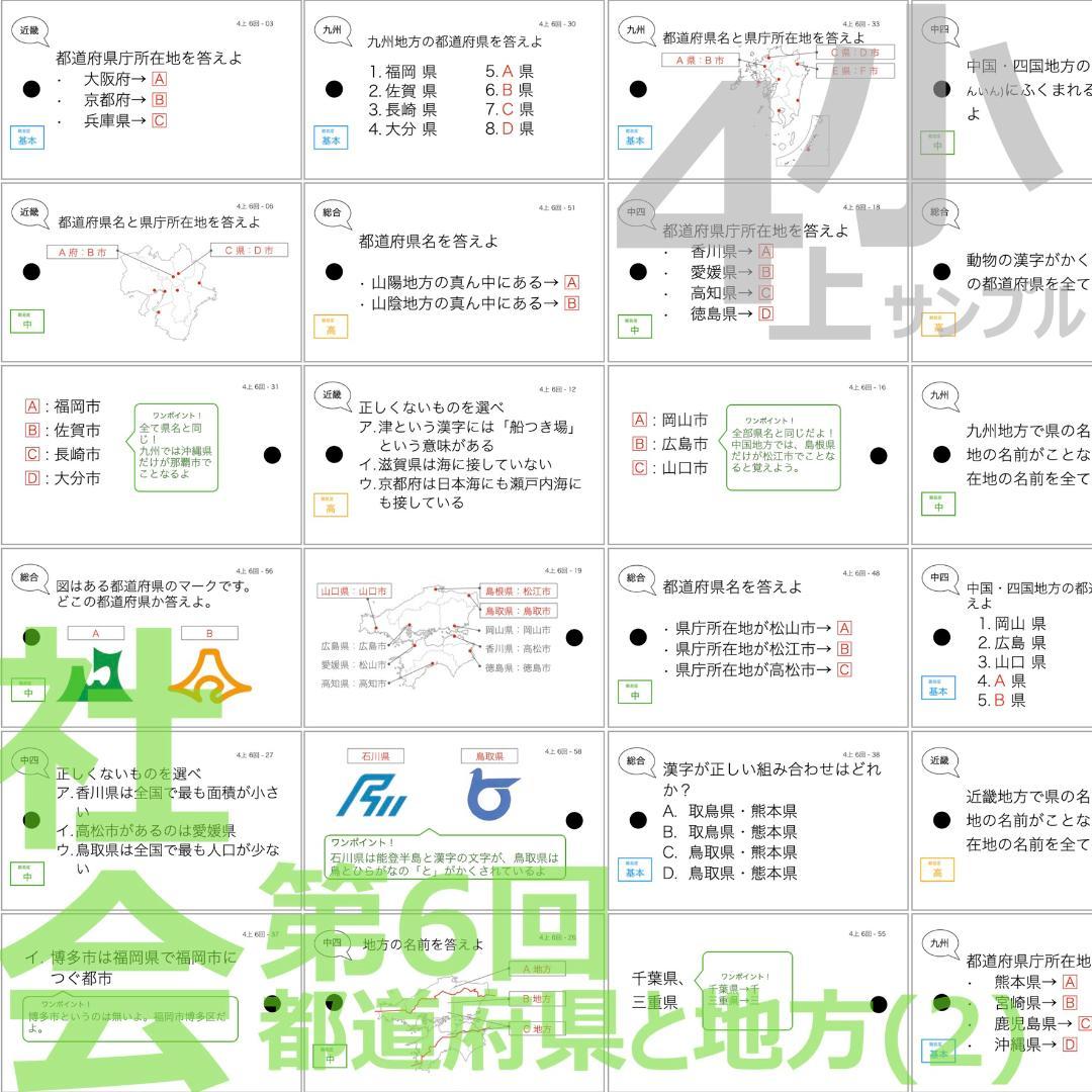 中学受験 暗記カード【4年上 社会 全セット 社会 1-19回】組分けテスト対策