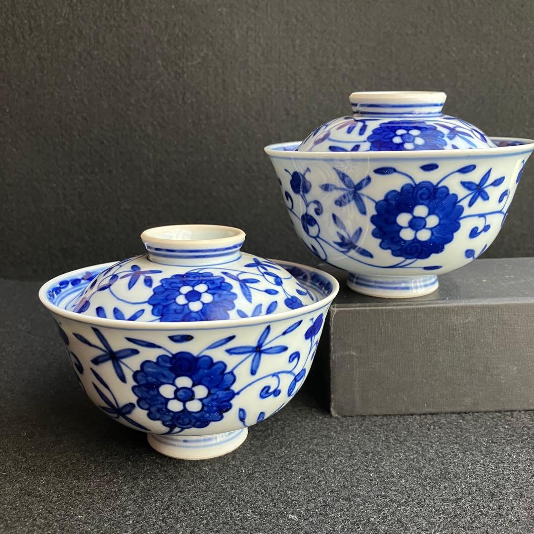 渋草焼　芳国舎　蓋付き飯碗　2客　唐草渕そり御飯茶碗　蓋付き茶碗 飛騨高山