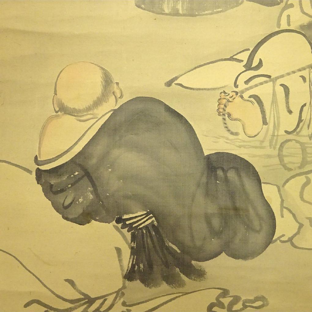 掛軸 有聲『七福神図』日本画 絹本 肉筆 箱付 掛け軸 p12252