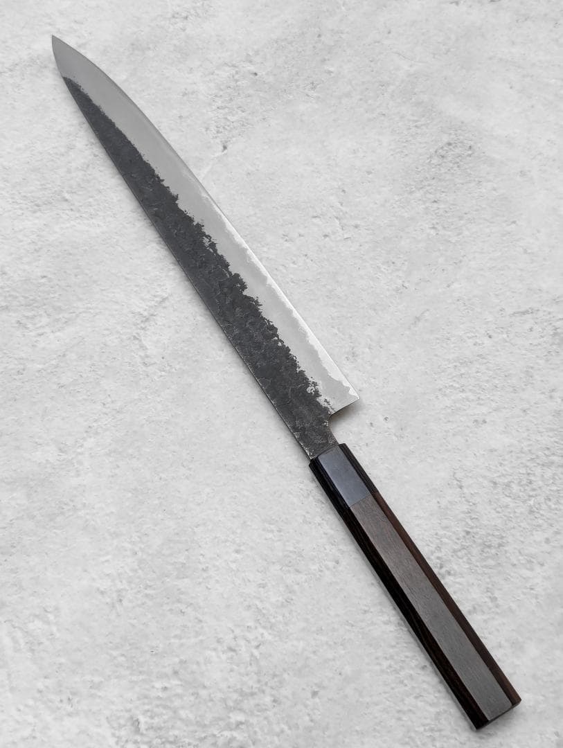日野浦睦 Hinoura 黒打 梨地 青紙スーパー 筋引包丁 270mm
