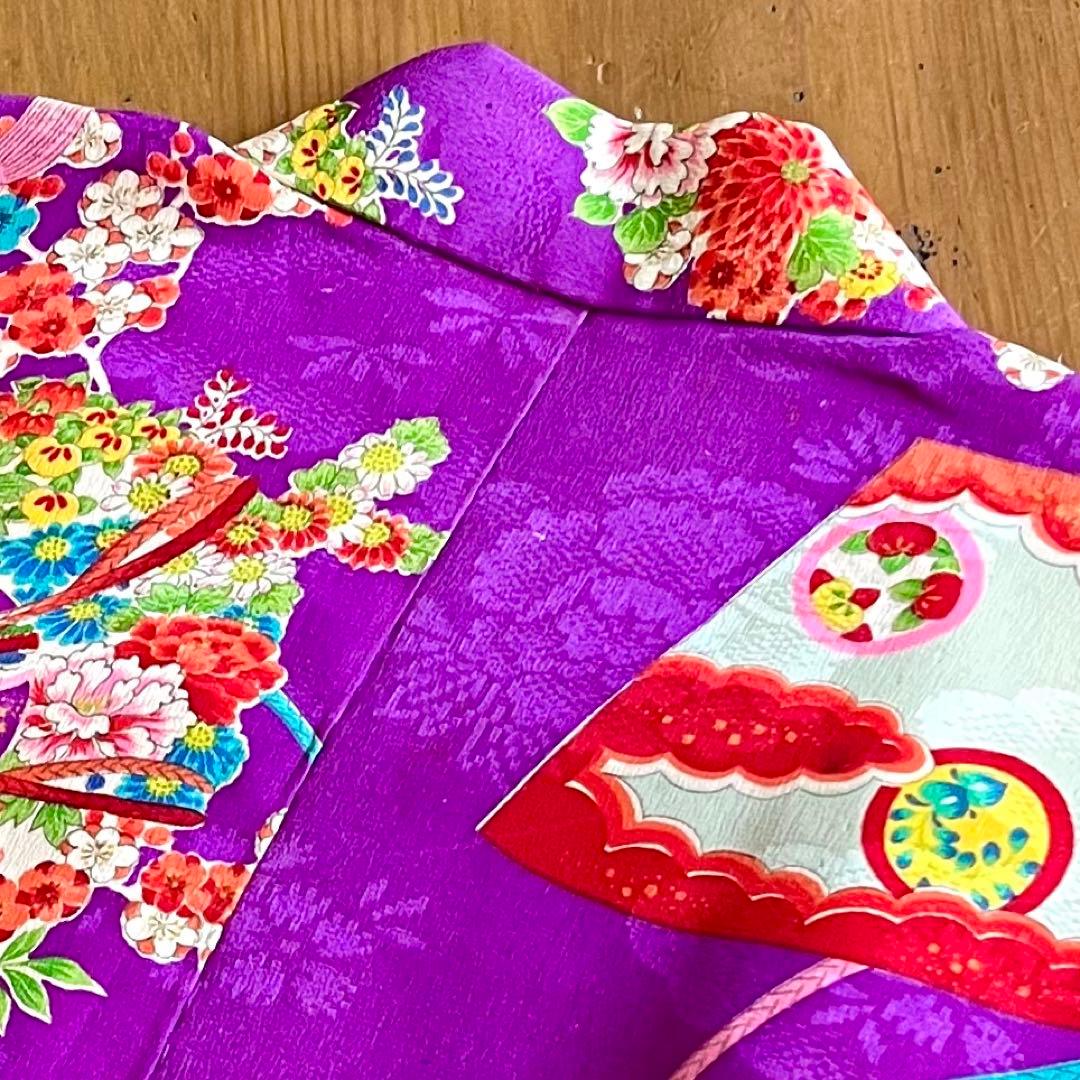 正絹 アンティーク着物 七五三 ◇鼓 地紙 花丸紋 古典柄