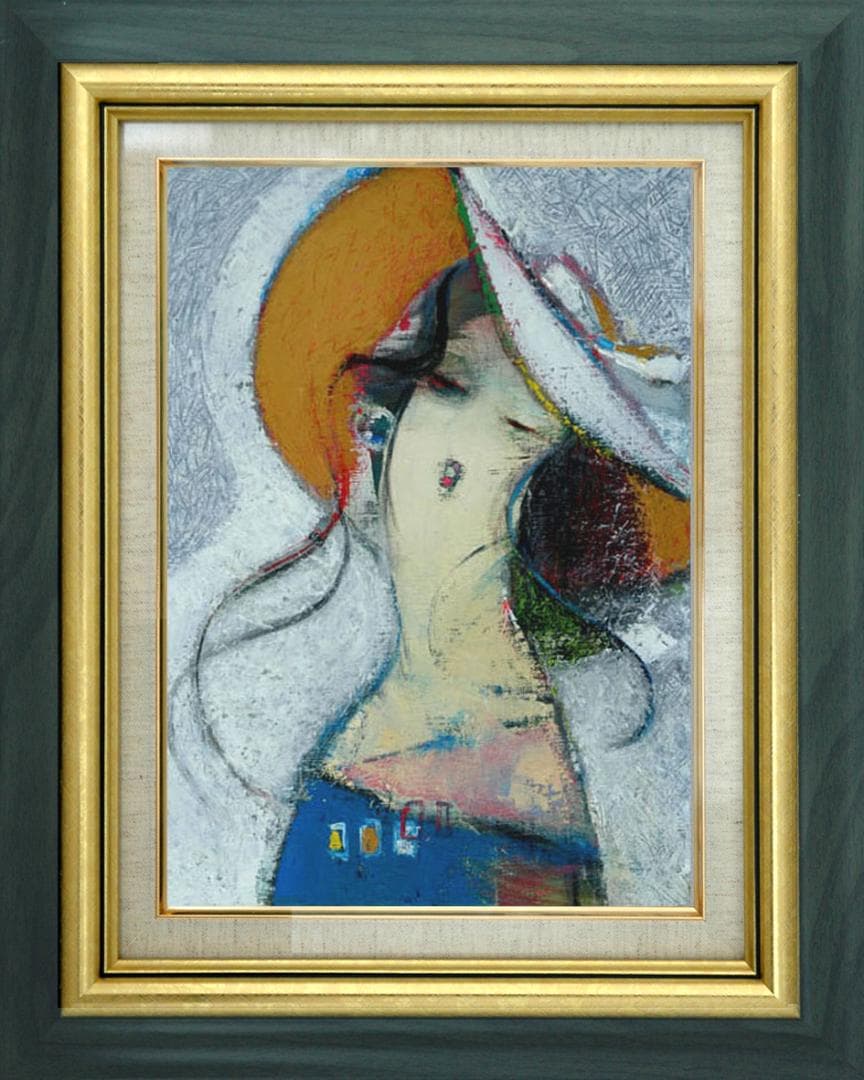 油絵 菅家令子 絵 絵画インテリア額付(青緑＋金色の枠) F6-081812女性