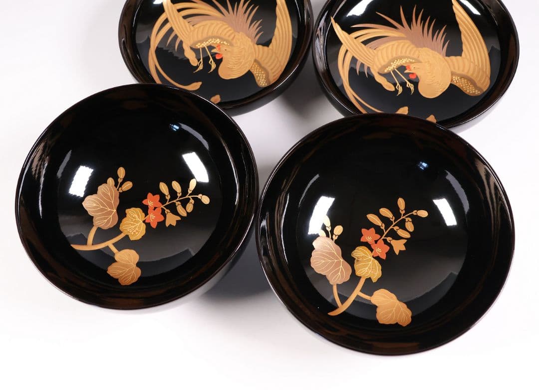 【CM400】天然木漆塗 菊桐鳳凰金蒔絵 黒塗 吸物椀 二客 昭和期 木製漆器
