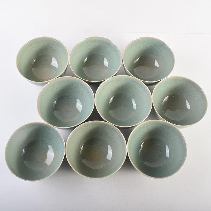 茶道具　石山窯　梁金錫作　高麗青磁　茶碗　九客　共箱　M　R8811B