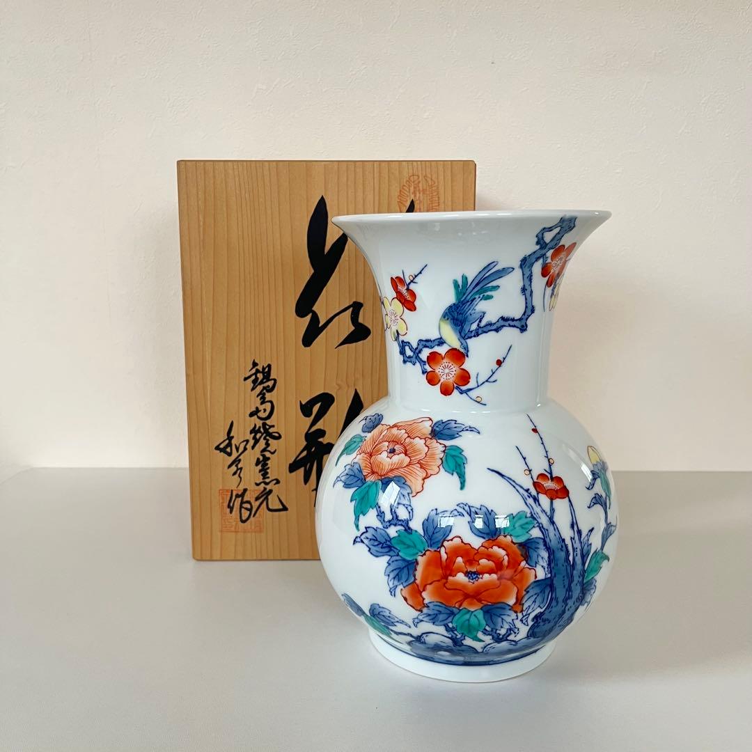 新品未使用　有田焼　花瓶　色鍋島　和泉作 牡丹　八号