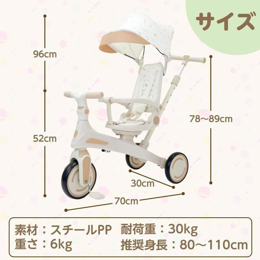 多機能 三輪車 手押し棒付き 折りたたみ 1歳～5歳 安全ベルト付き2646