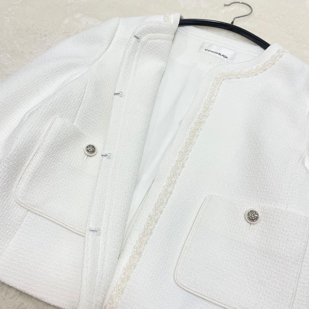 新品✨24aw エムプルミエブラック ブレードパイピングノーカラージャケット 白