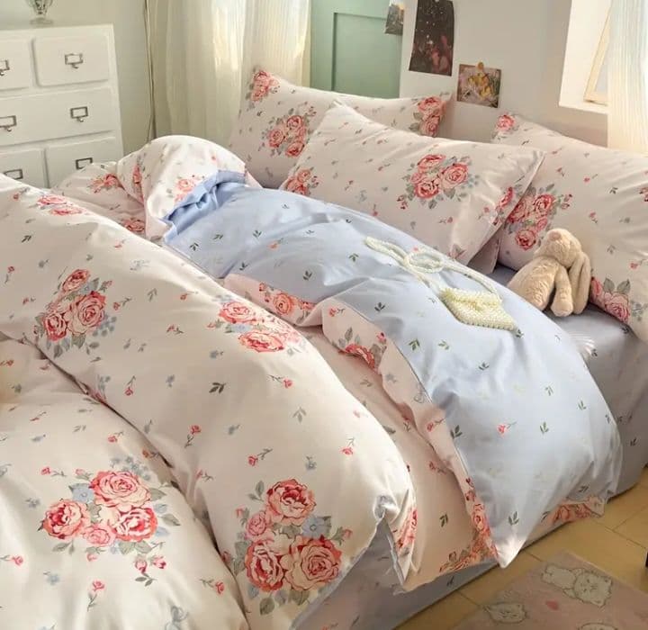 新品★薔薇ブーケと小花綿100%シングル掛け布団カバー枕カバー２枚シーツの4点