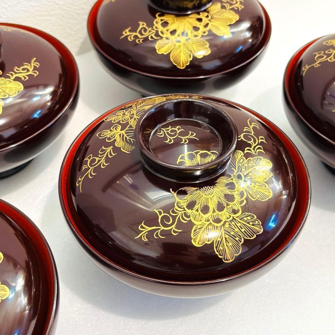 ⭐️ 川連漆器 天然木漆器 沈金 唐草牡丹彫蒔絵 蓋付き椀揃5客【未使用品】⭐️