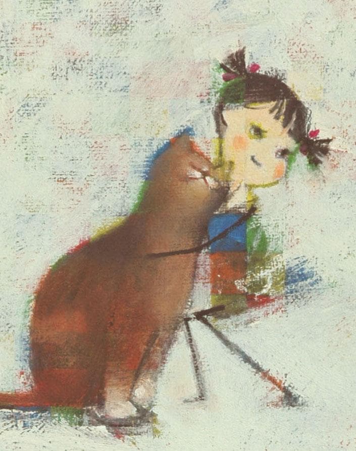 油絵 菅家令子 絵 絵画インテリア額付(黒) F4-072419 子猫犬 女の子