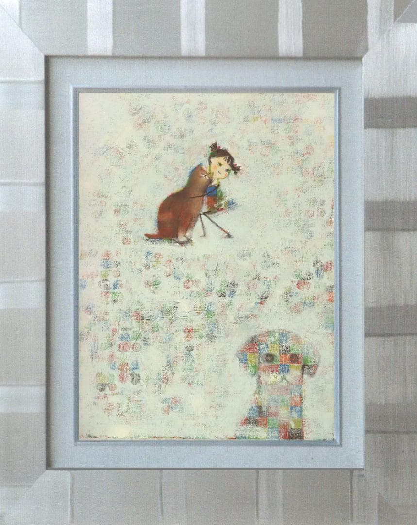 油絵 菅家令子 絵 絵画インテリア額付(黒) F4-072419 子猫犬 女の子