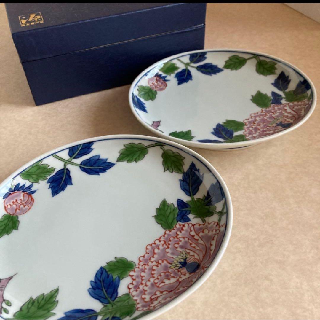 新品★源右衛門窯 染錦紫牡丹絵楕円皿 18×16cm 2枚★元箱付き