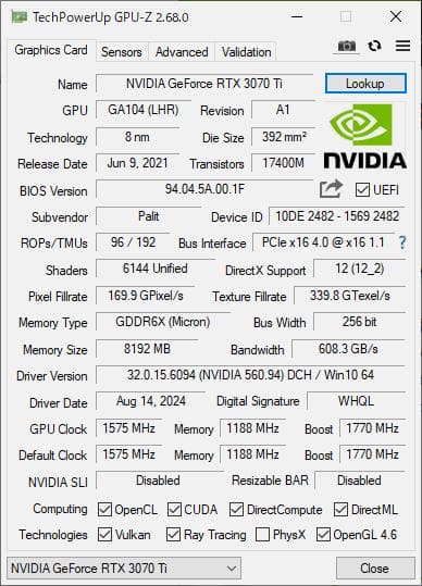 Palit RTX3070Ti 8GB GAMING PRO 8GB 動作確認済