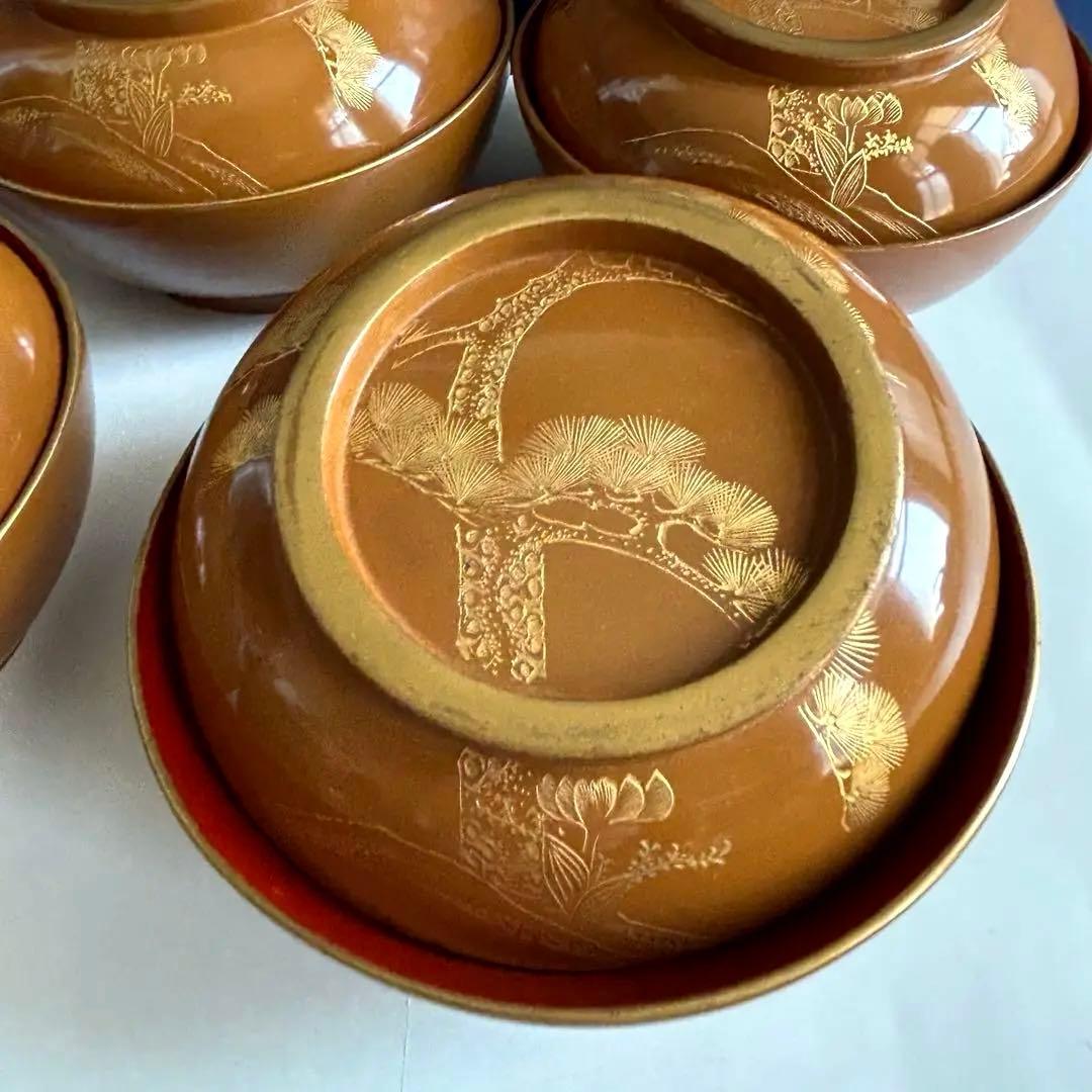 輪島塗 天然木製 松蒔絵　金縁 菓子椀　煮物椀　6客