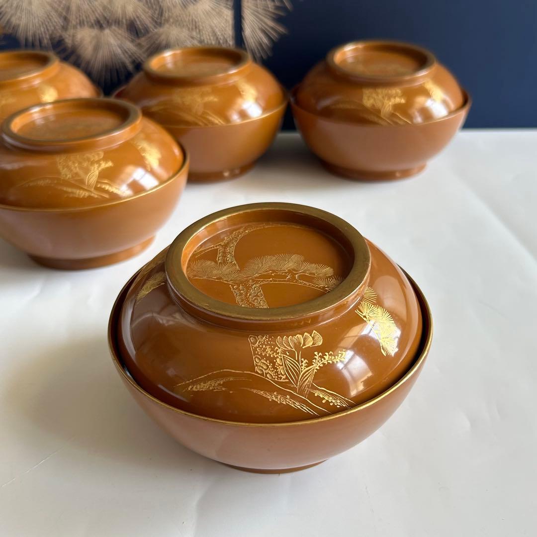 輪島塗 天然木製 松蒔絵　金縁 菓子椀　煮物椀　6客