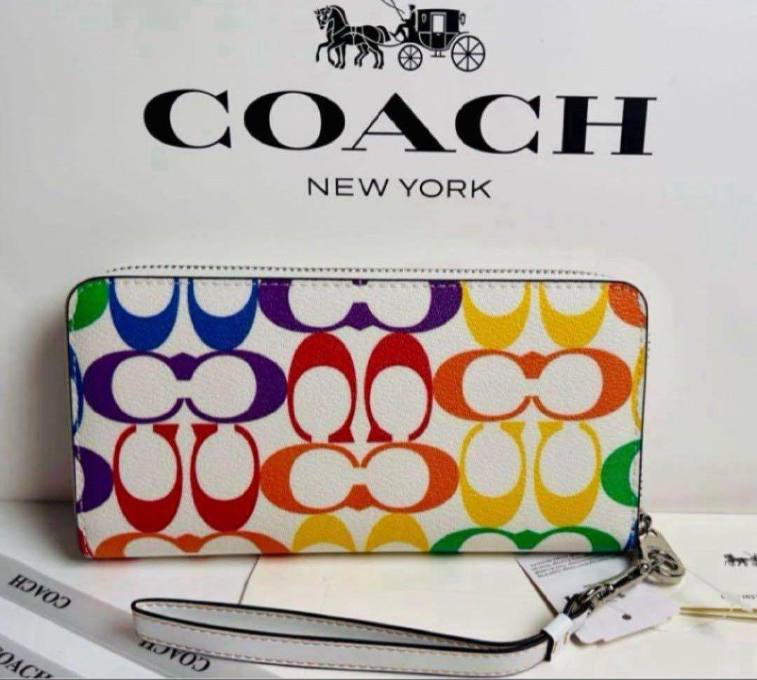 COACH長財布レインボーマルチカラーシグネチャーホワイト.ストラップ付.新品