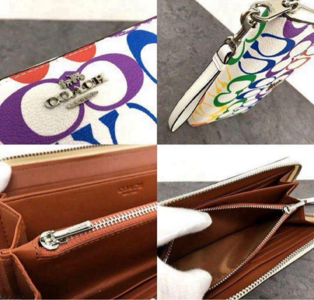 COACH長財布レインボーマルチカラーシグネチャーホワイト.ストラップ付.新品