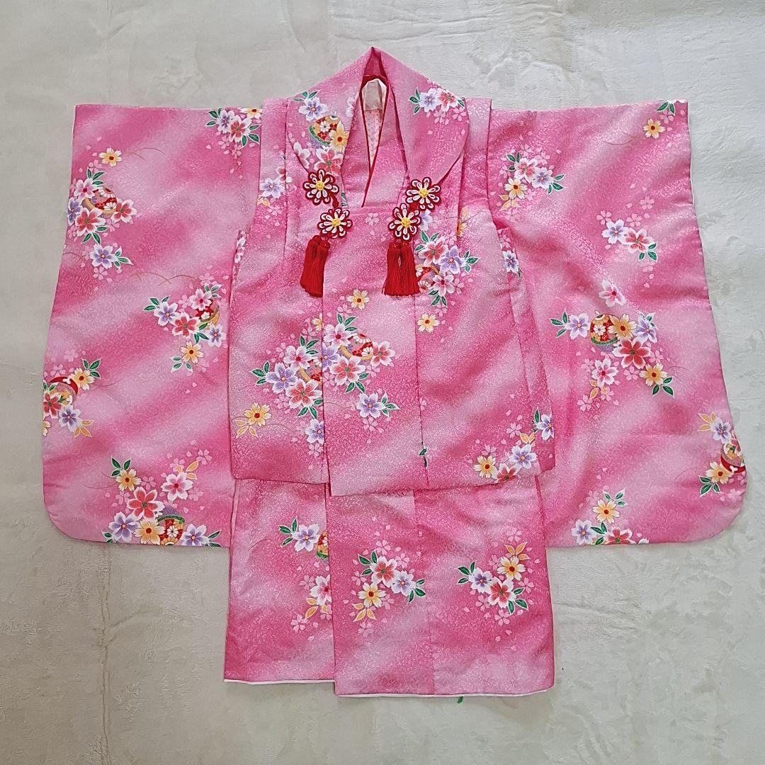 極美品【箱つき８点セット】七五三 子供用 花柄 ピンク　着物 記念 お祝い