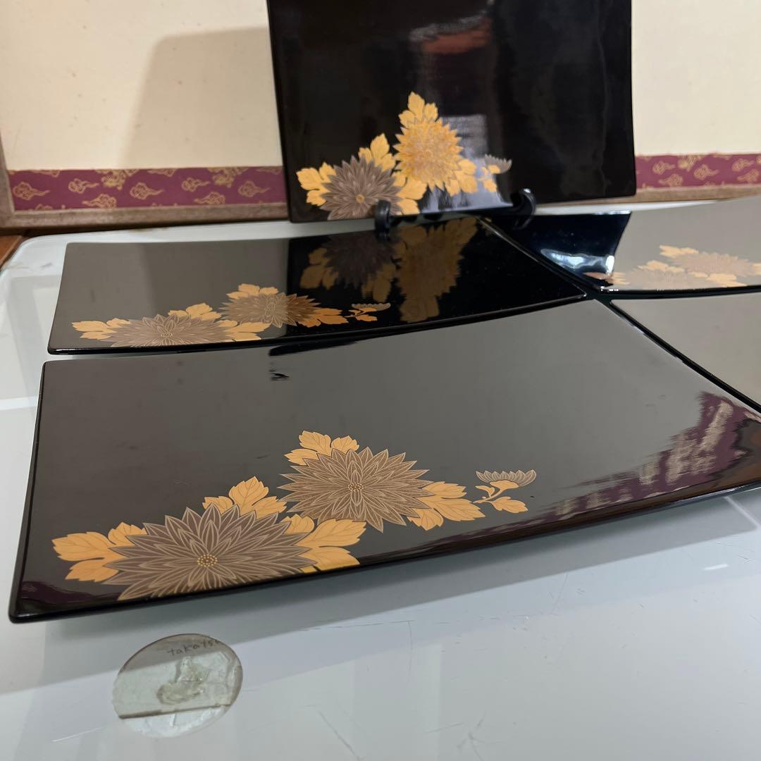漆器　牡丹蒔絵　さしみ皿　寿司皿　盛り皿　5枚￼