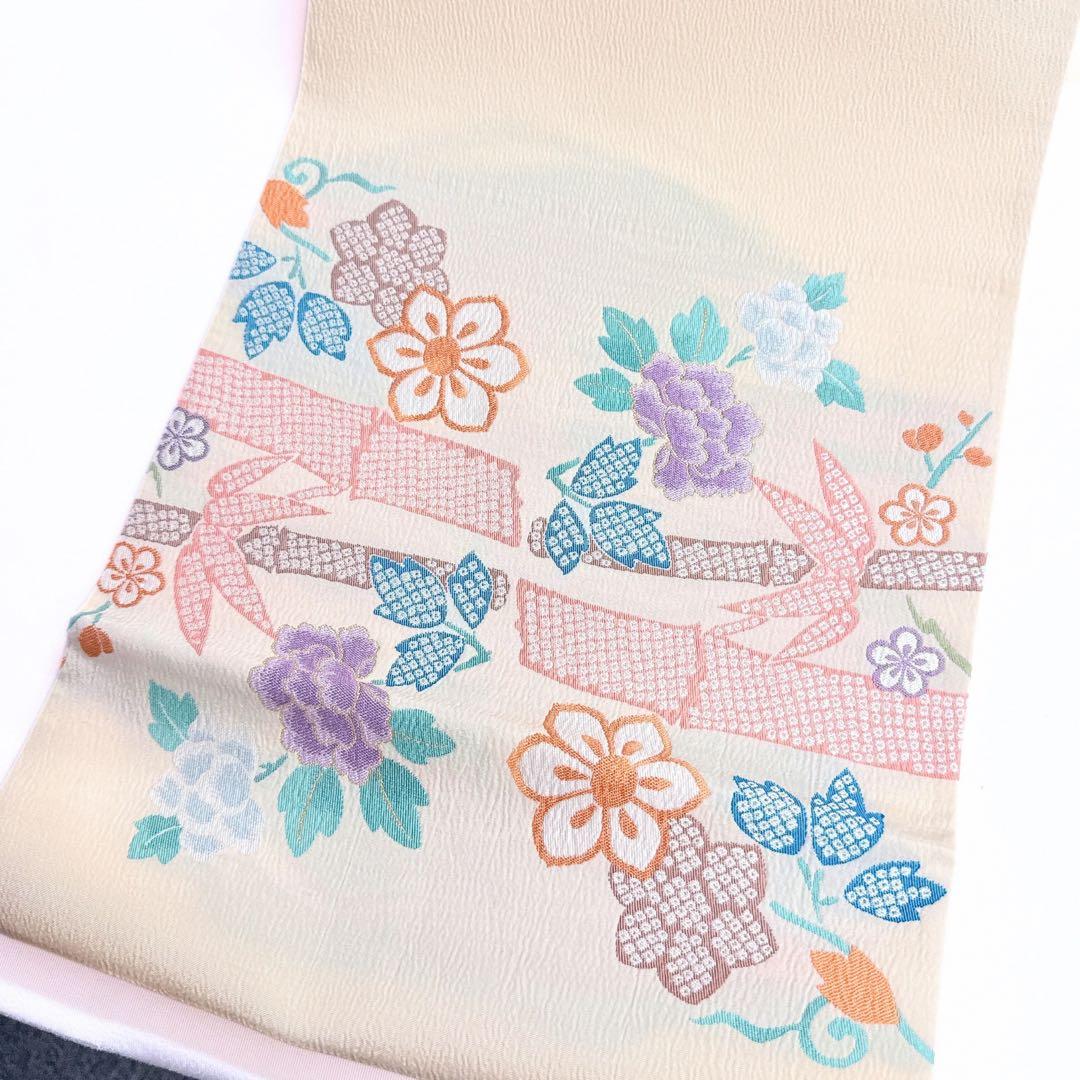 未着用　袋帯　ライトベージュ　花模様　織り出し　着物　103a o