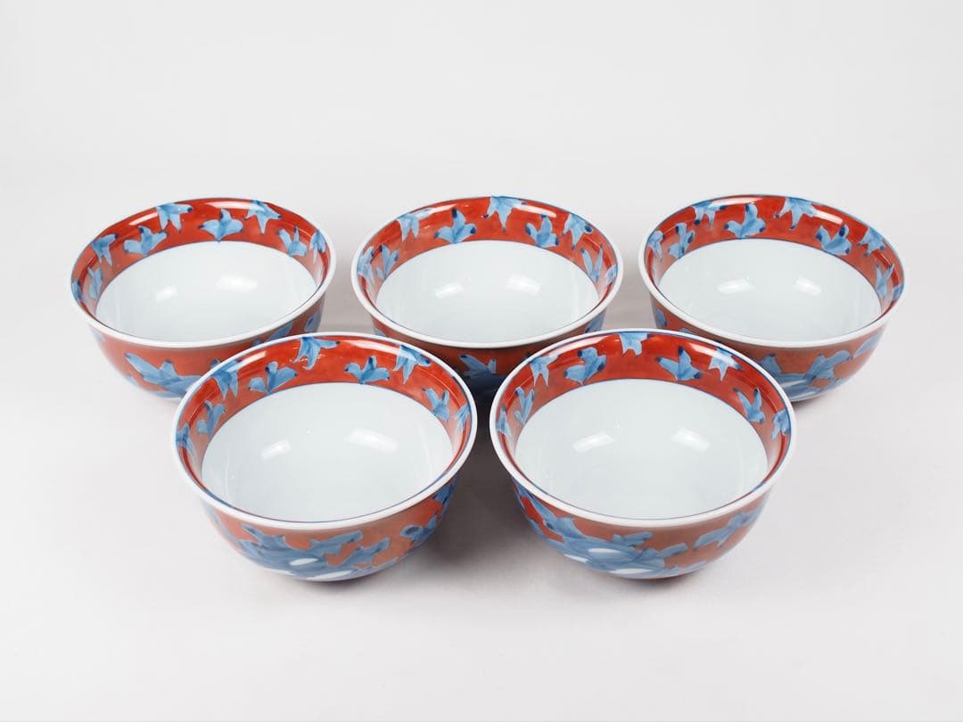 源右衛門窯 赤濃牡丹絵 蓋碗 蓋物 5客 有田焼 (付属品：共箱、栞)