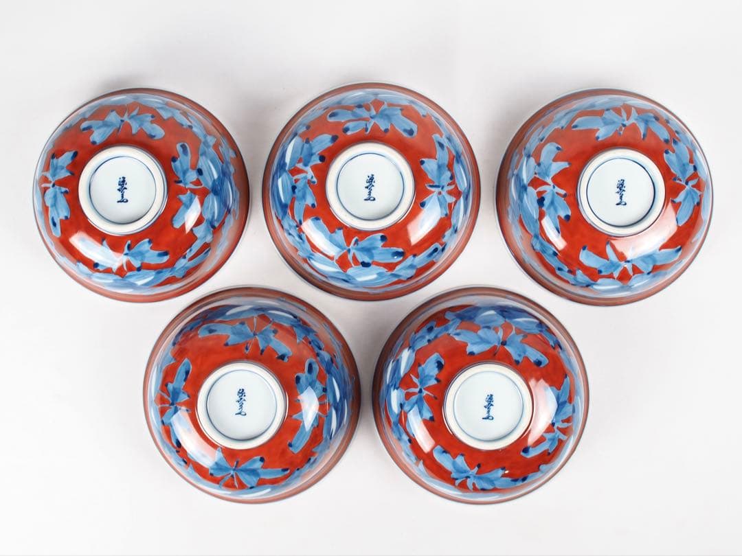 源右衛門窯 赤濃牡丹絵 蓋碗 蓋物 5客 有田焼 (付属品：共箱、栞)