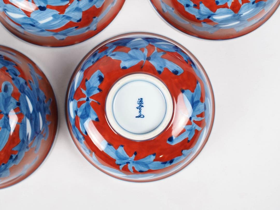 源右衛門窯 赤濃牡丹絵 蓋碗 蓋物 5客 有田焼 (付属品：共箱、栞)