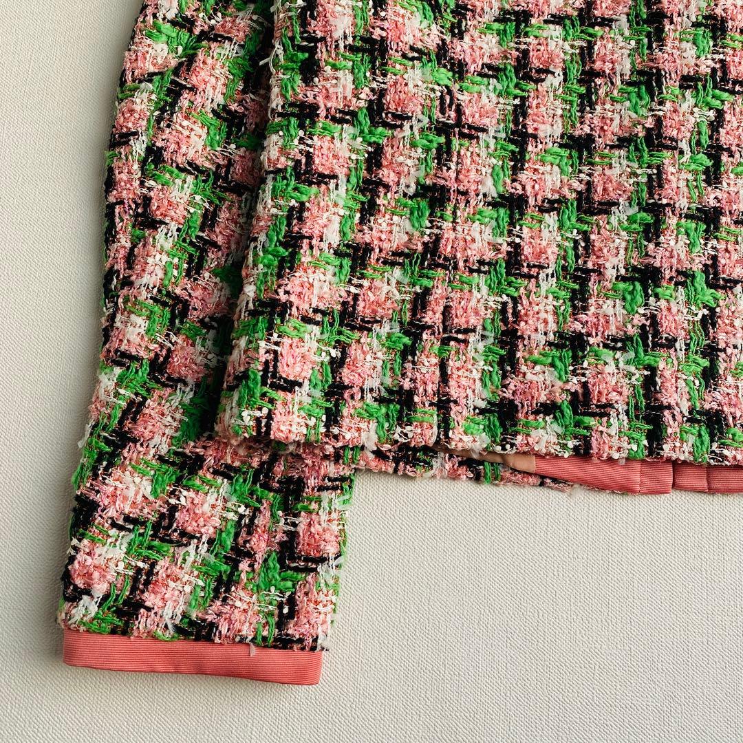 定価9.7万ANAYI ファンシーチェックツィードクルー　ジャケット ピンク 緑