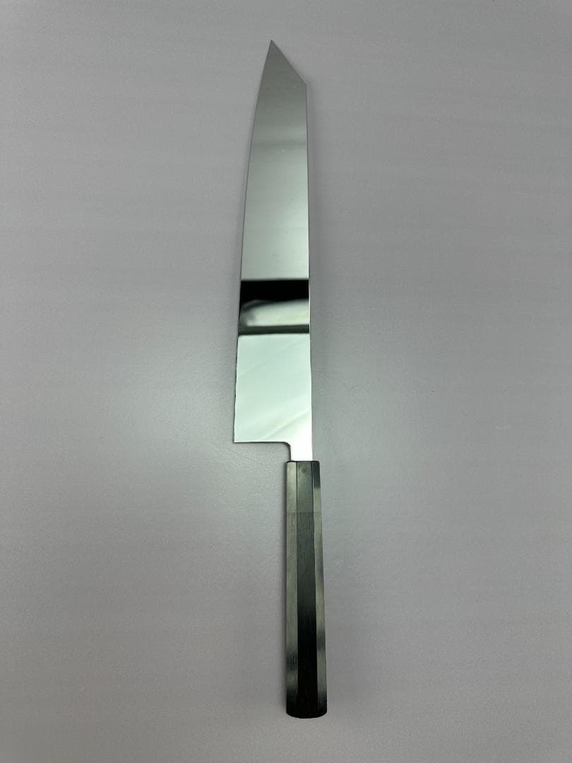 5629 切付牛刀 尺一 ウルトラ鏡面仕上げ 刺身包丁 両刃 黒檀黒水牛角八角柄