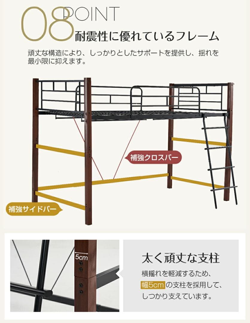 超人気！【高さ140cm】ロフトベッド パイプベッド S 耐震 BLACK