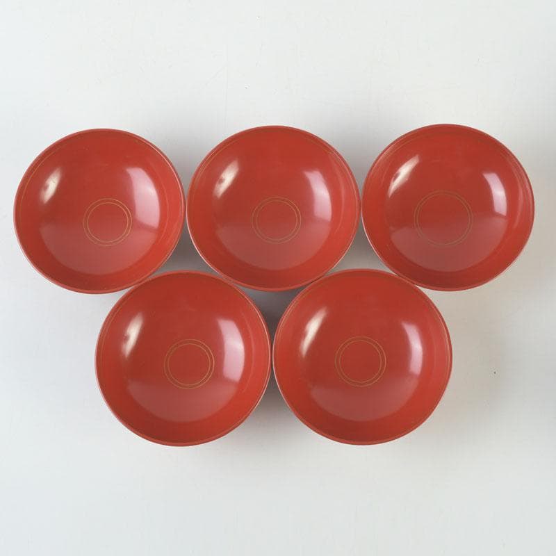 和食器　時代漆器　塗師　長野横笛作　金襴手花蒔絵　吸物椀　五客　共箱　C9788