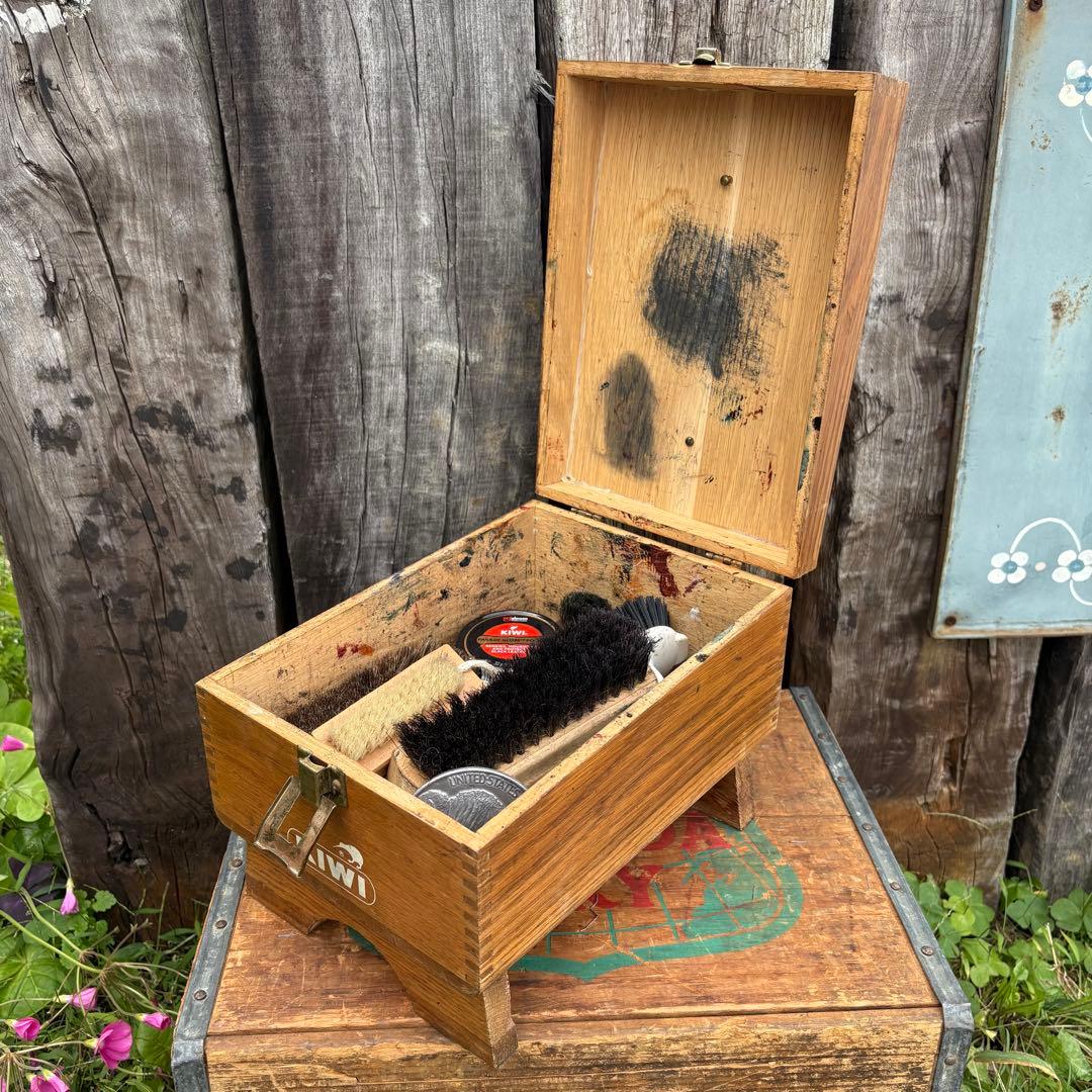 【USA Vintage】 KIWI シューシャインボックス 靴磨き 木箱