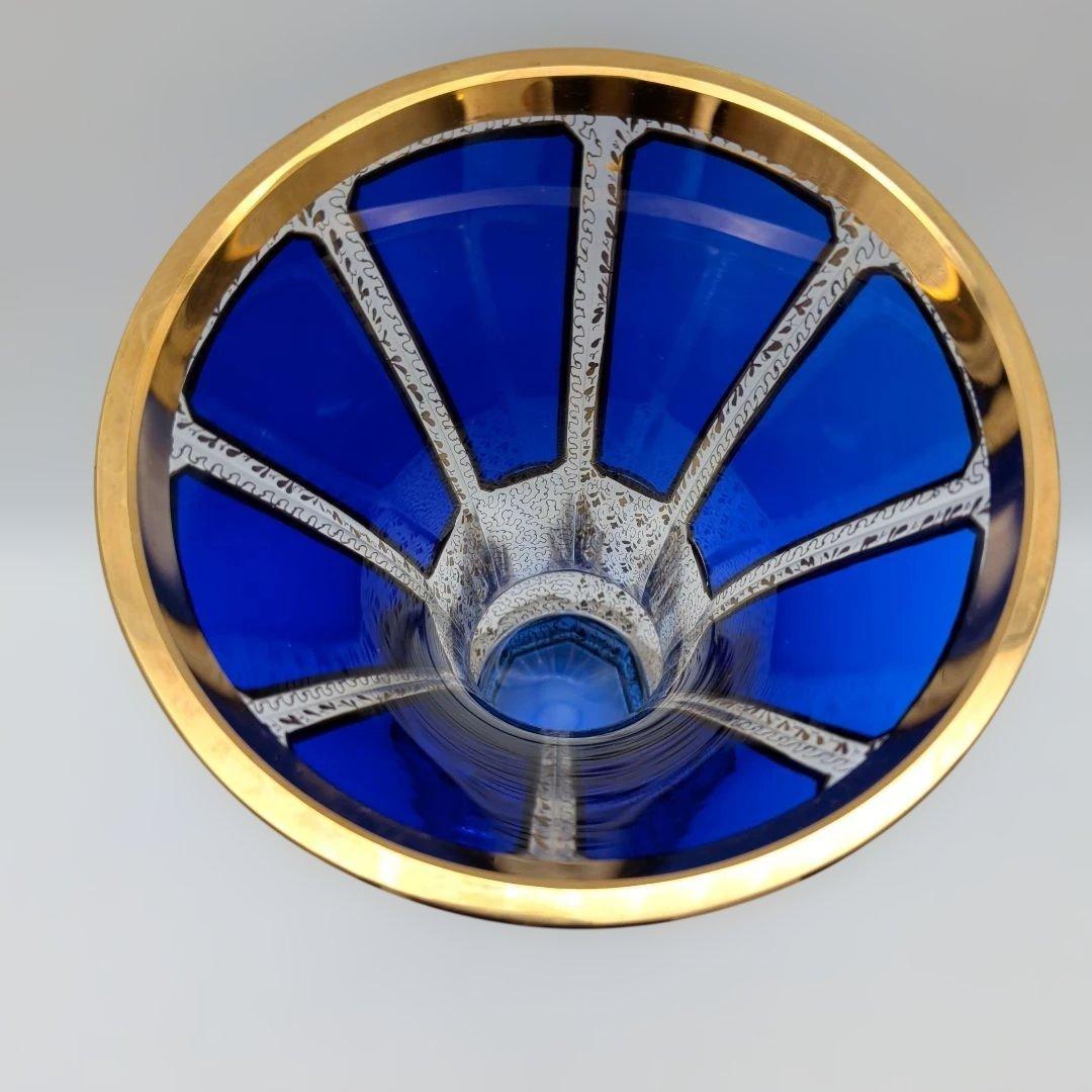 ボヘミアガラス ボヘミアングラス 金彩コバルトブルー フラワーベース 花瓶 花器