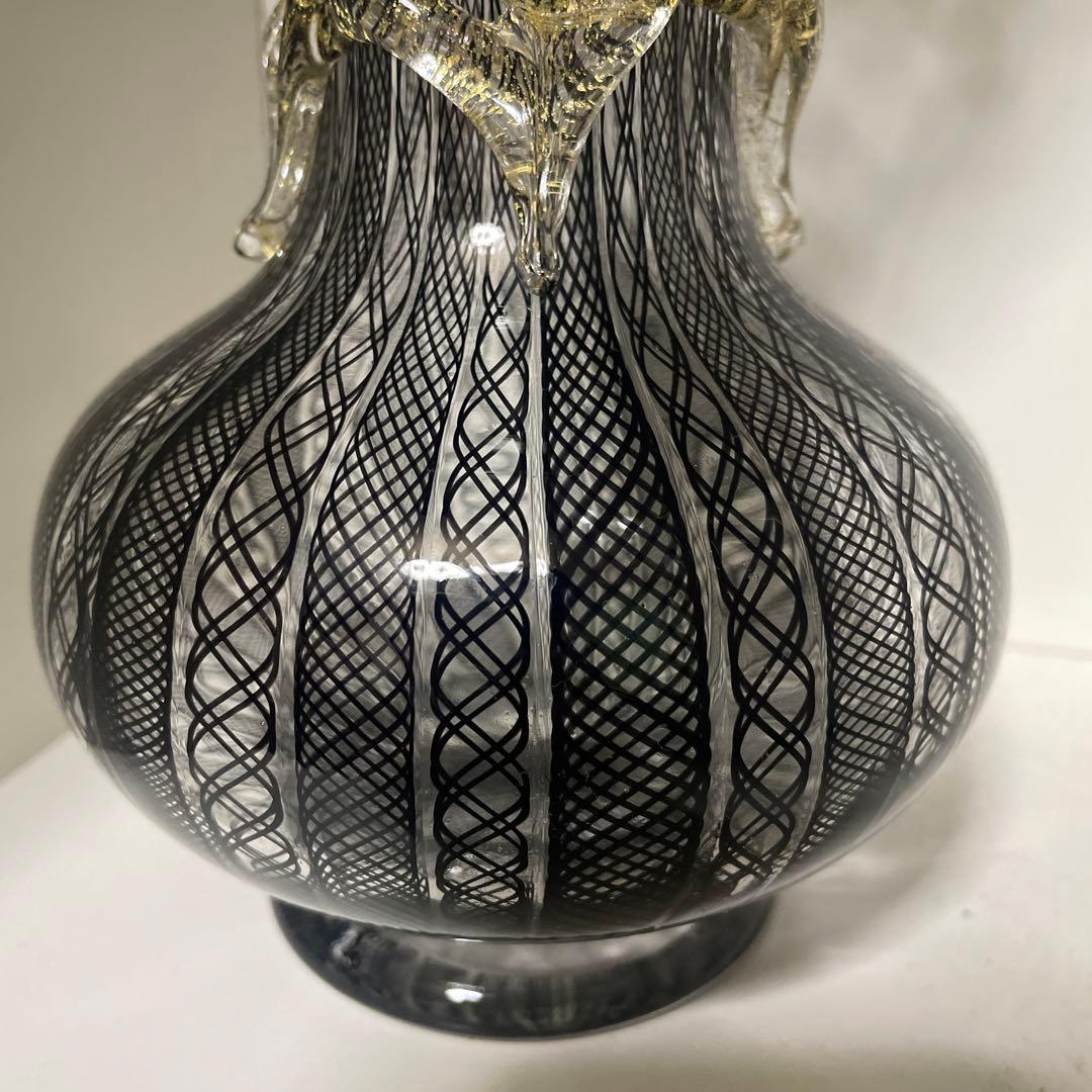 美品　希少　月夜野工房　花瓶　金彩ブラックレース花瓶　レースガラス