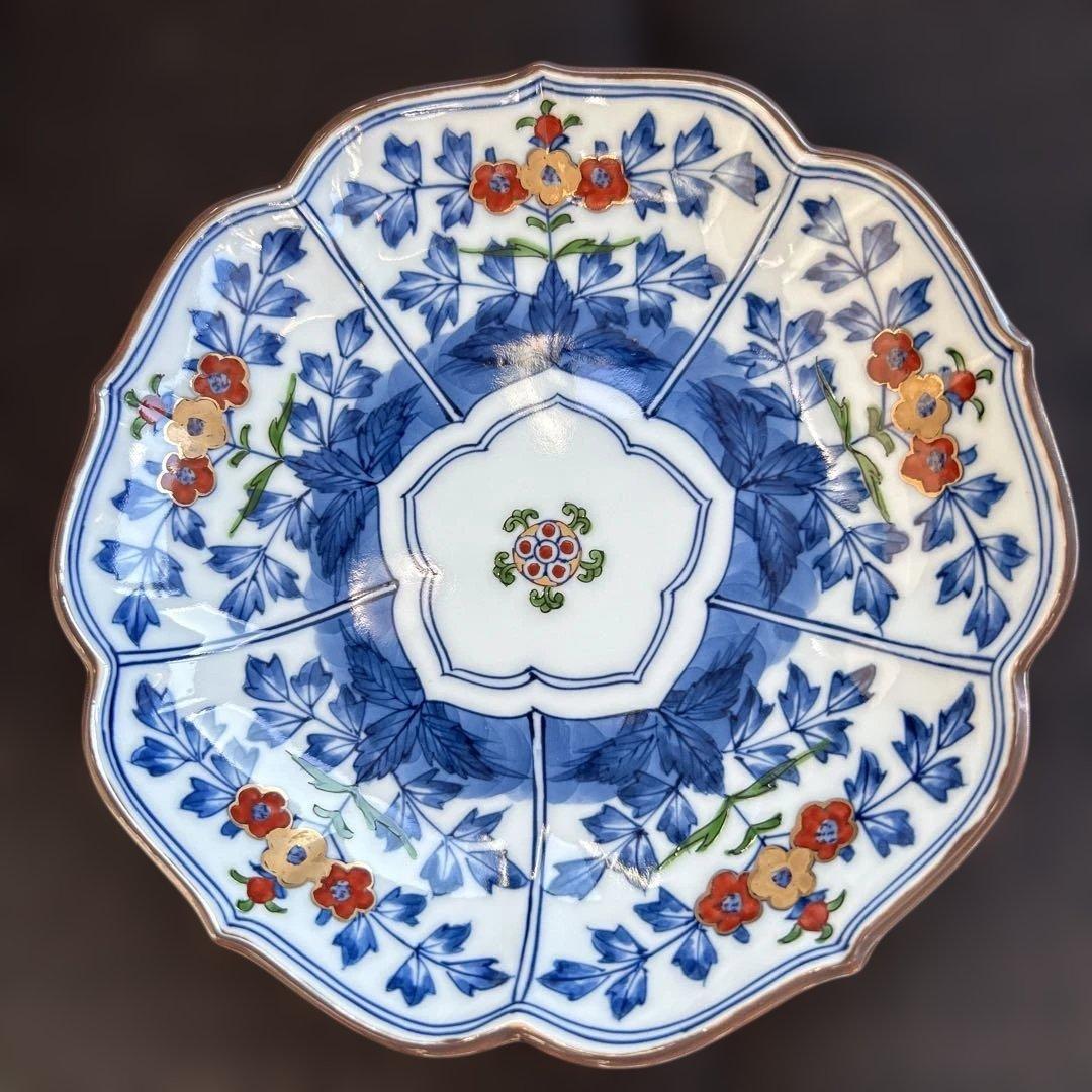 値下げしました　美品　源右衛門　直径17cm 花柄青装飾フラワー型皿5枚セット
