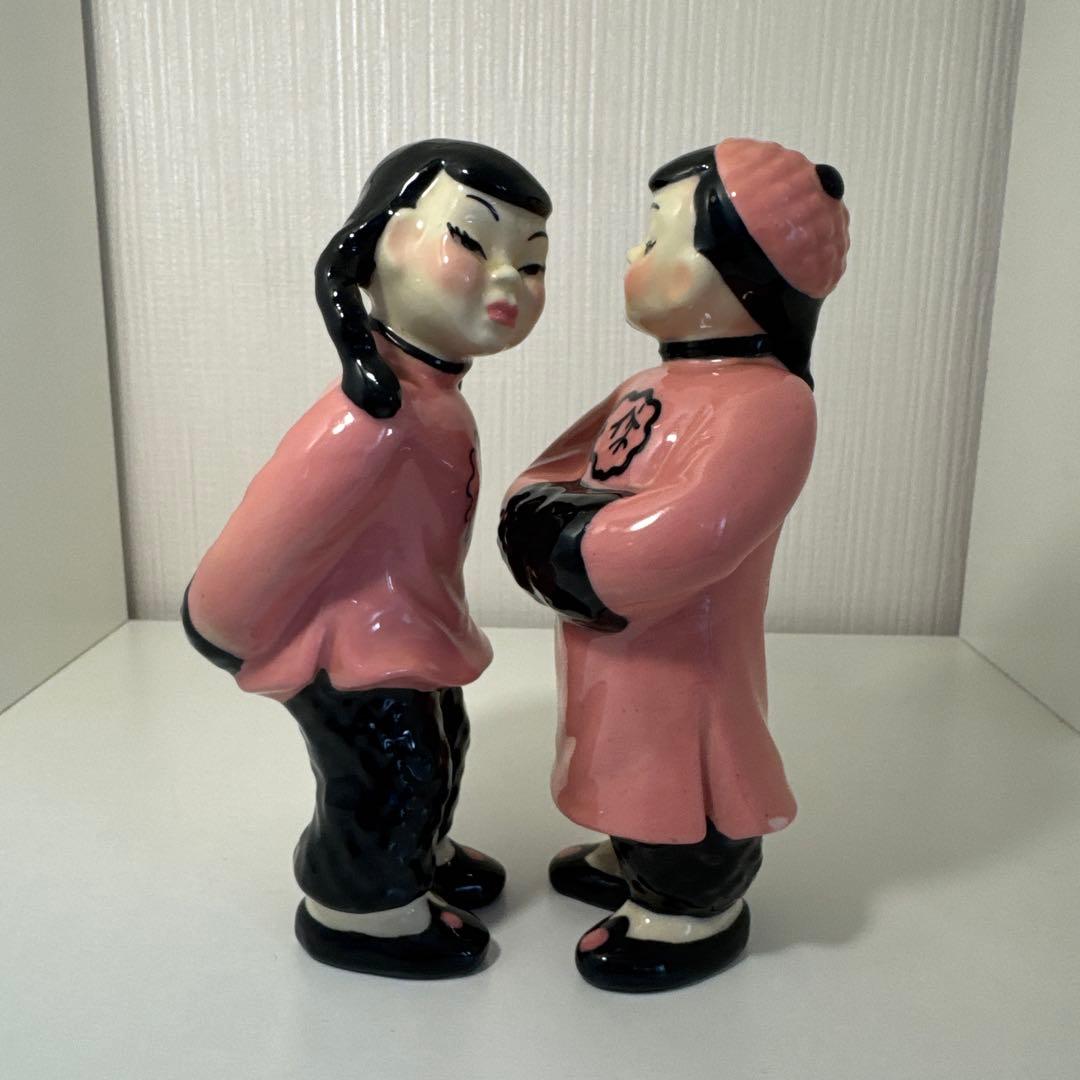 男女の陶器製置物 ピンク　ビンテージ オリエンタル　50s セラミックアーツ