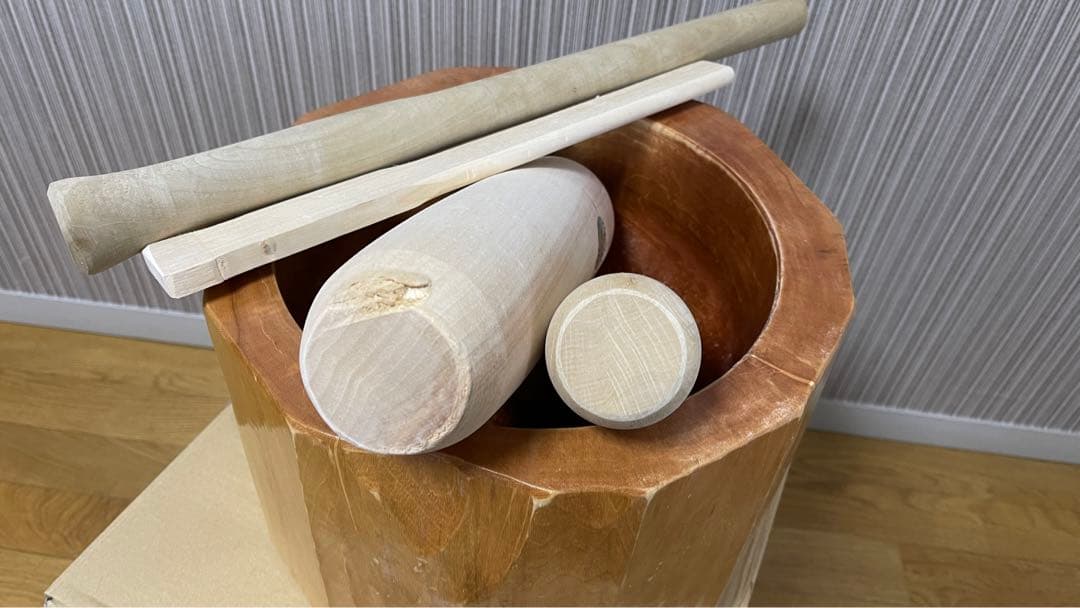 た*ぽ様 臼新品　希少　防水加工　ミニ うす 1升　臼 杵セット 天然木　餅つき