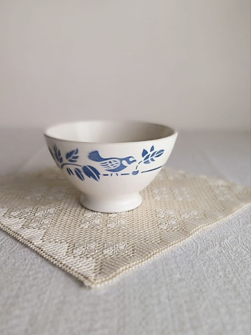 * vintage bowl ❀ ブルーステンシル 小鳥さん カフェオレ ボウル